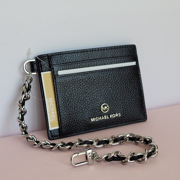 MICHAEL KORS Jet Set Small ID Pebbled Leather Chain Card Holder Case-Black🎈$69 - Picture 3 of 16